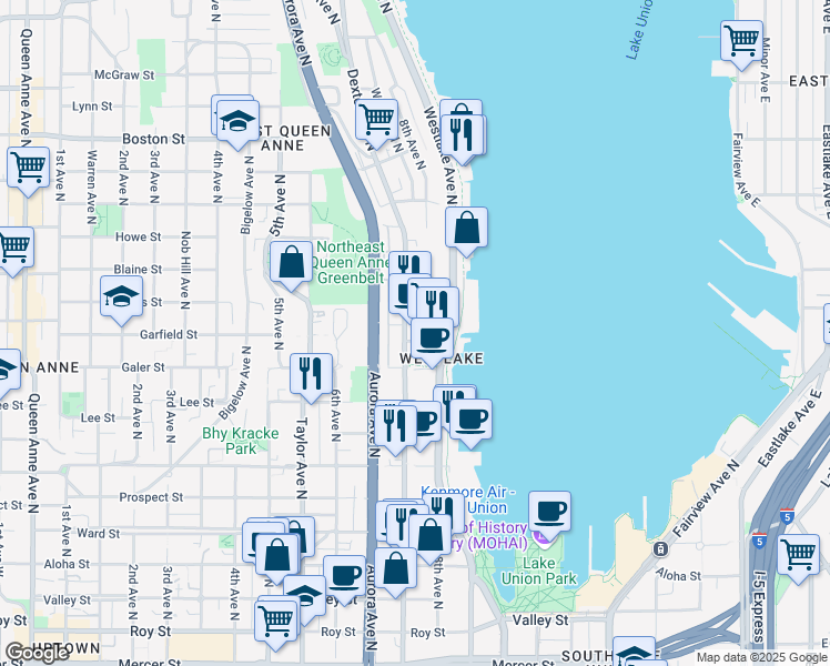 map of restaurants, bars, coffee shops, grocery stores, and more near in Seattle