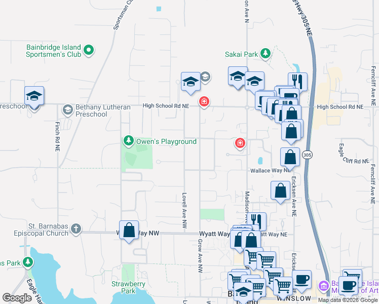 map of restaurants, bars, coffee shops, grocery stores, and more near 950 Lovell Avenue Northwest in Bainbridge Island