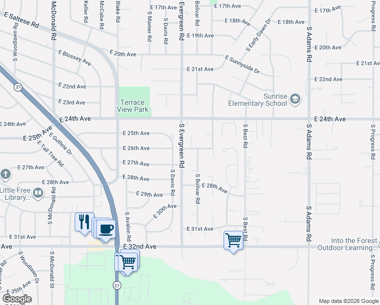 map of restaurants, bars, coffee shops, grocery stores, and more near 13909 East 27th Court in Spokane Valley