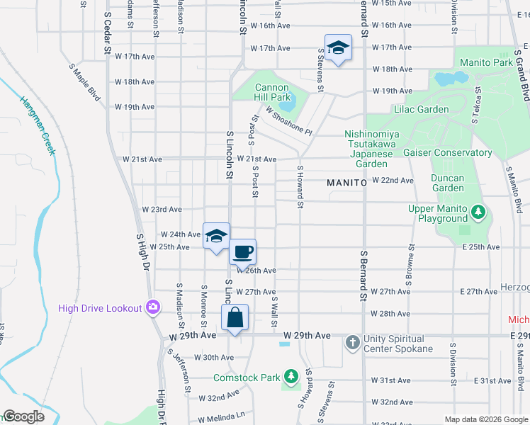 map of restaurants, bars, coffee shops, grocery stores, and more near 715 West 24th Avenue in Spokane