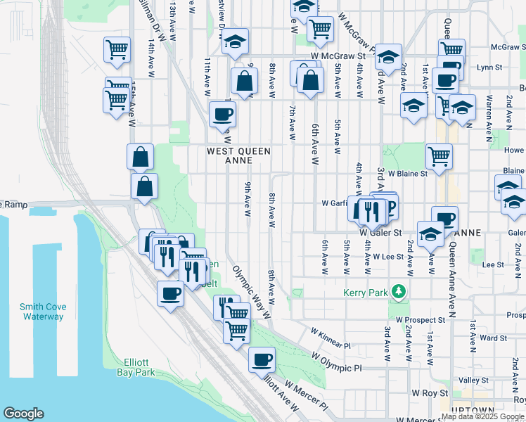 map of restaurants, bars, coffee shops, grocery stores, and more near 1529 8th Avenue West in Seattle