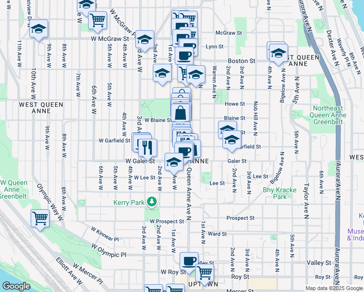 map of restaurants, bars, coffee shops, grocery stores, and more near 1529 Queen Anne Avenue North in Seattle