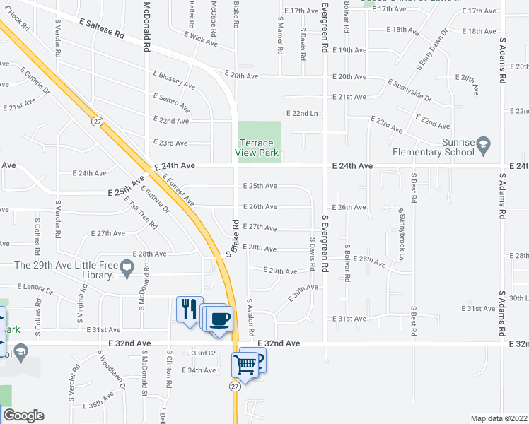 map of restaurants, bars, coffee shops, grocery stores, and more near 13606 East 26th Avenue in Spokane Valley