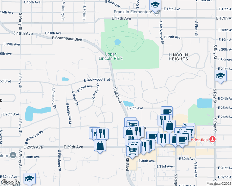 map of restaurants, bars, coffee shops, grocery stores, and more near 2337 South Southeast Boulevard in Spokane