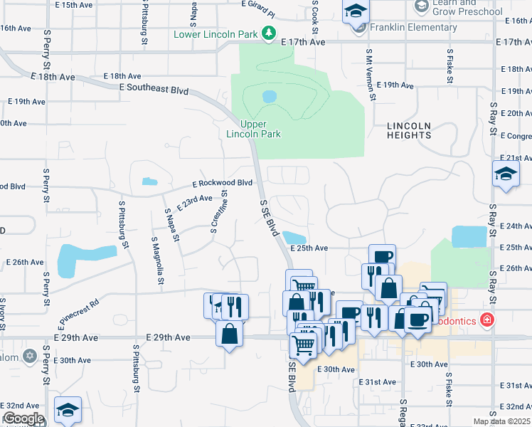map of restaurants, bars, coffee shops, grocery stores, and more near 2337 South Southeast Boulevard in Spokane