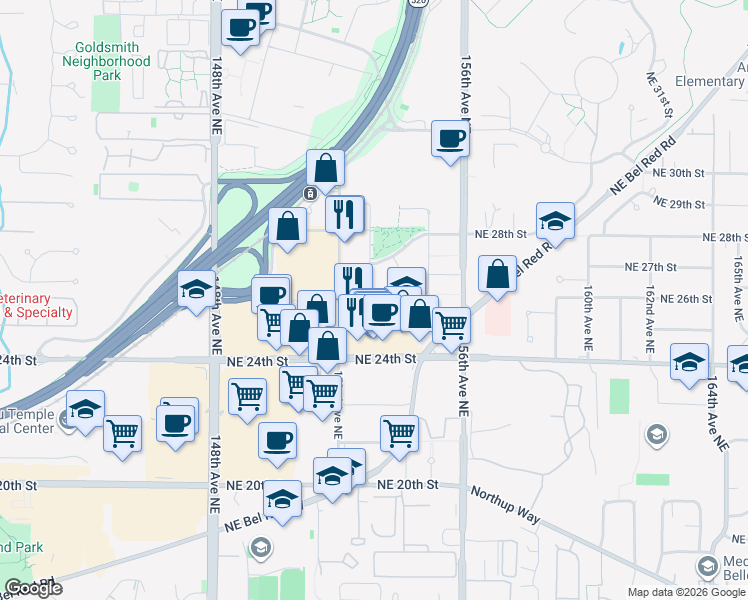 map of restaurants, bars, coffee shops, grocery stores, and more near Overlake P&R Acrd in Redmond