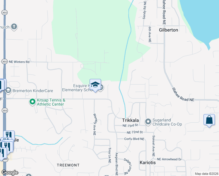 map of restaurants, bars, coffee shops, grocery stores, and more near 7606 Berkeley Place in Bremerton