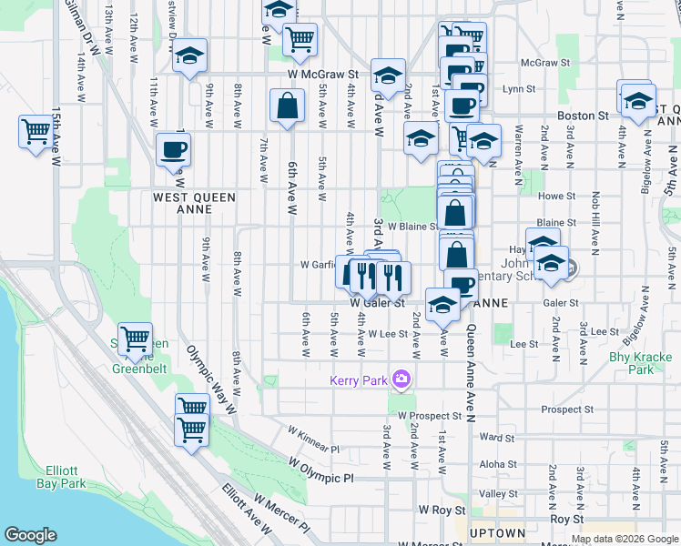 map of restaurants, bars, coffee shops, grocery stores, and more near 1529 4th Avenue West in Seattle
