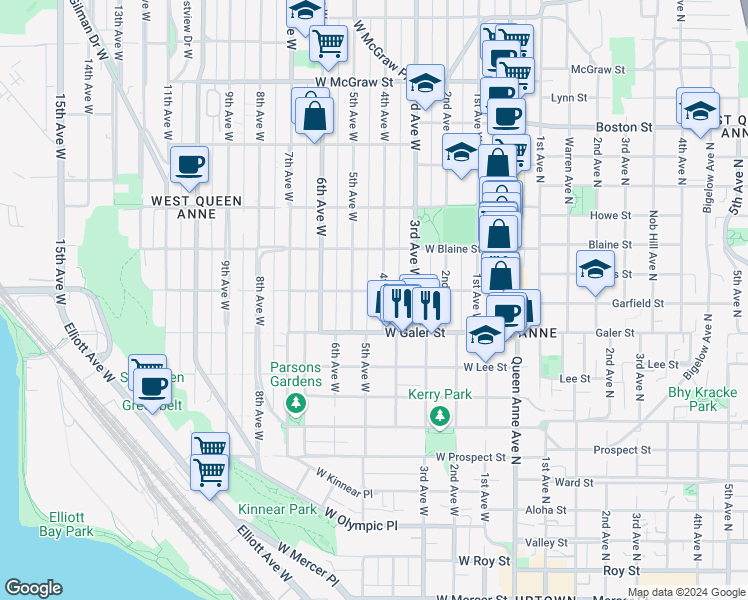 map of restaurants, bars, coffee shops, grocery stores, and more near 1529 4th Avenue West in Seattle