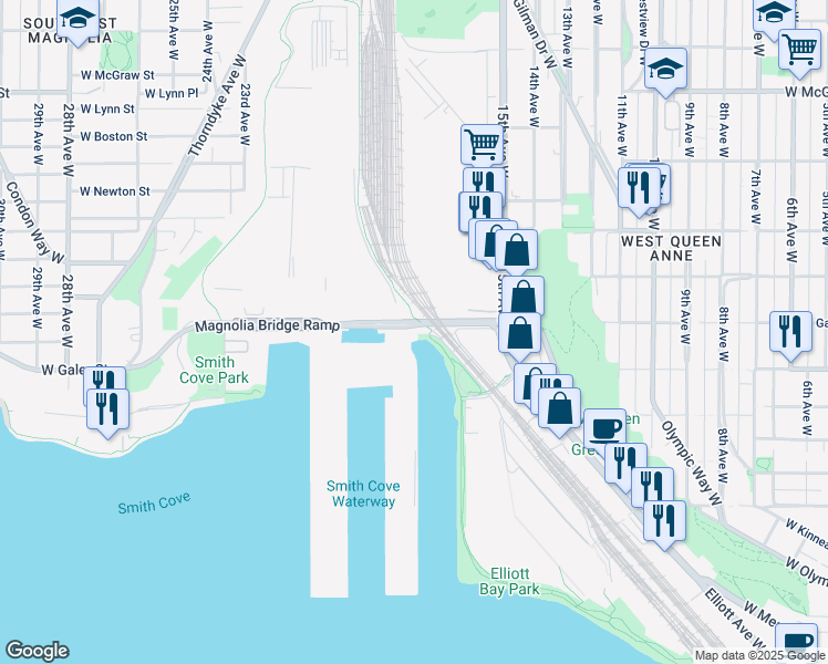 map of restaurants, bars, coffee shops, grocery stores, and more near 2001 West Garfield Street in Seattle