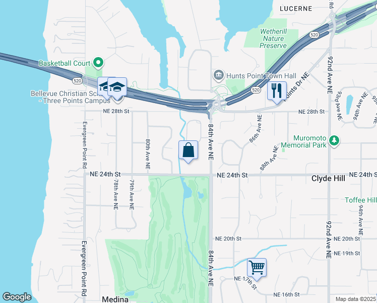 map of restaurants, bars, coffee shops, grocery stores, and more near 2507 Medina Circle in Medina