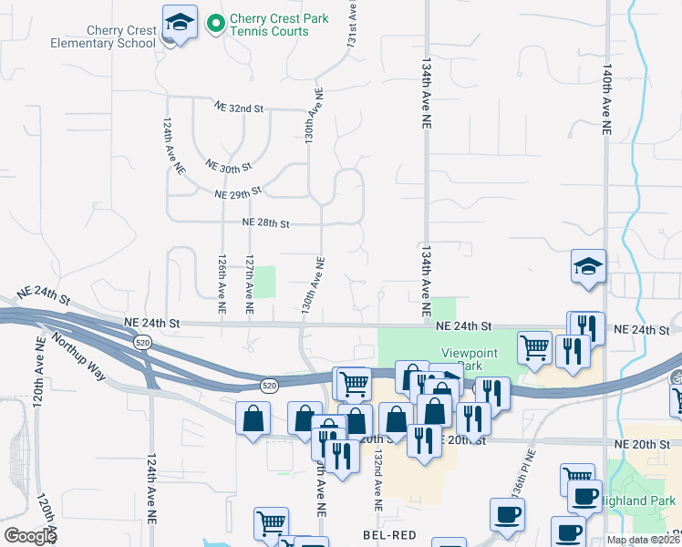 map of restaurants, bars, coffee shops, grocery stores, and more near 2611 131st Place Northeast in Bellevue