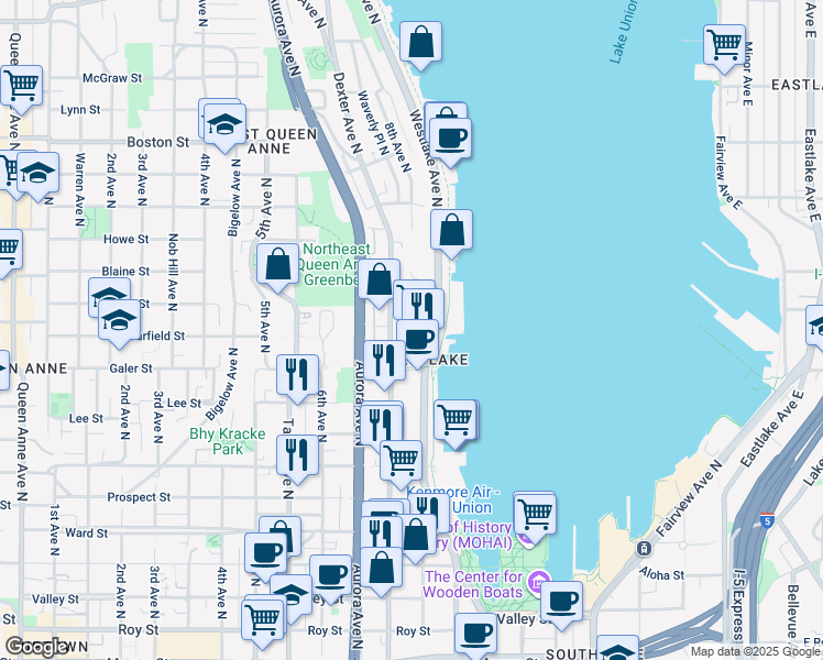 map of restaurants, bars, coffee shops, grocery stores, and more near 1611 8th Avenue North in Seattle