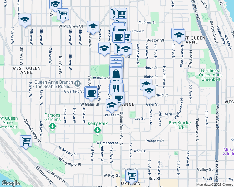 map of restaurants, bars, coffee shops, grocery stores, and more near in Seattle