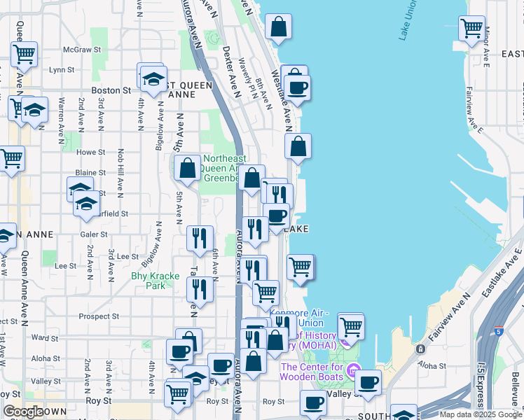 map of restaurants, bars, coffee shops, grocery stores, and more near 1600 Dexter Avenue North in Seattle