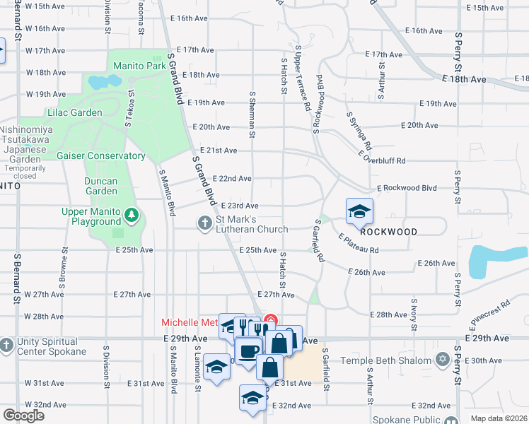 map of restaurants, bars, coffee shops, grocery stores, and more near 618 East 23rd Avenue in Spokane