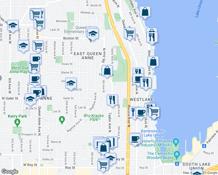 map of restaurants, bars, coffee shops, grocery stores, and more near 1623 Taylor Avenue North in Seattle