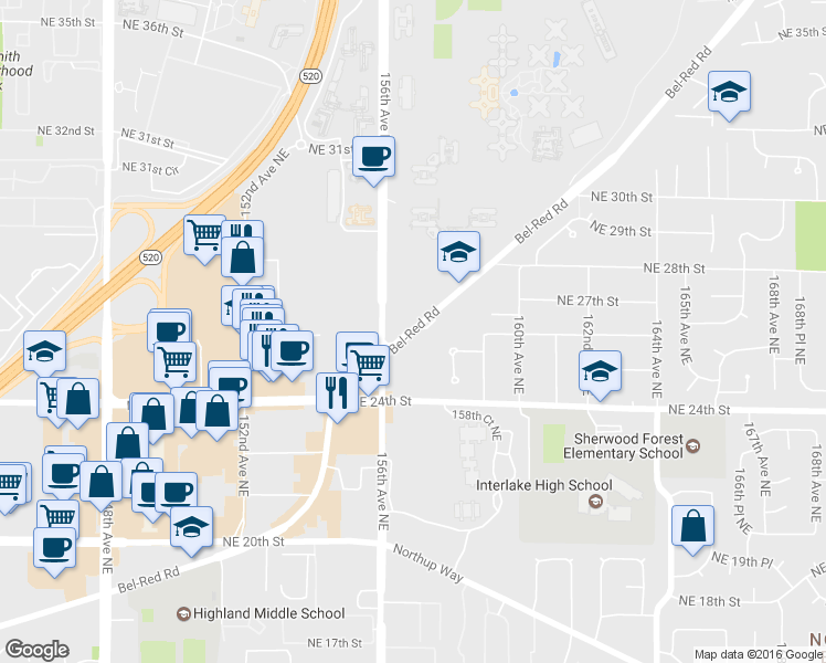 map of restaurants, bars, coffee shops, grocery stores, and more near 15609 Bel-Red Road in Bellevue