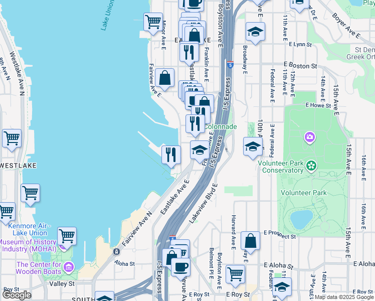 map of restaurants, bars, coffee shops, grocery stores, and more near 1551 Eastlake Avenue East in Seattle
