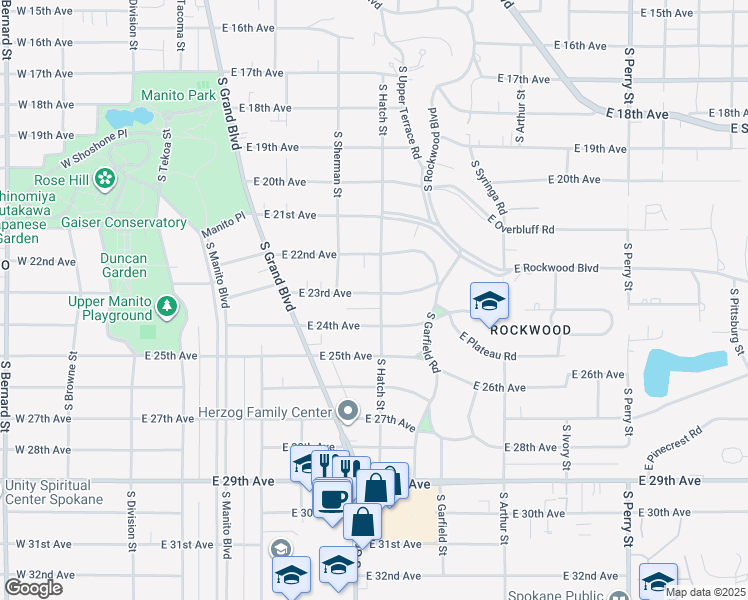 map of restaurants, bars, coffee shops, grocery stores, and more near 705 East 23rd Avenue in Spokane