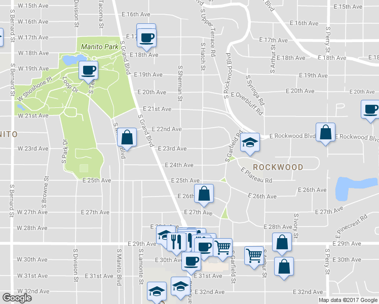 map of restaurants, bars, coffee shops, grocery stores, and more near 2219 South Sherman Street in Spokane