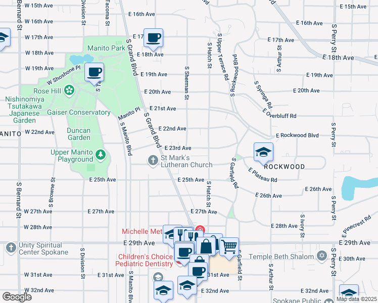 map of restaurants, bars, coffee shops, grocery stores, and more near 2219 South Sherman Street in Spokane