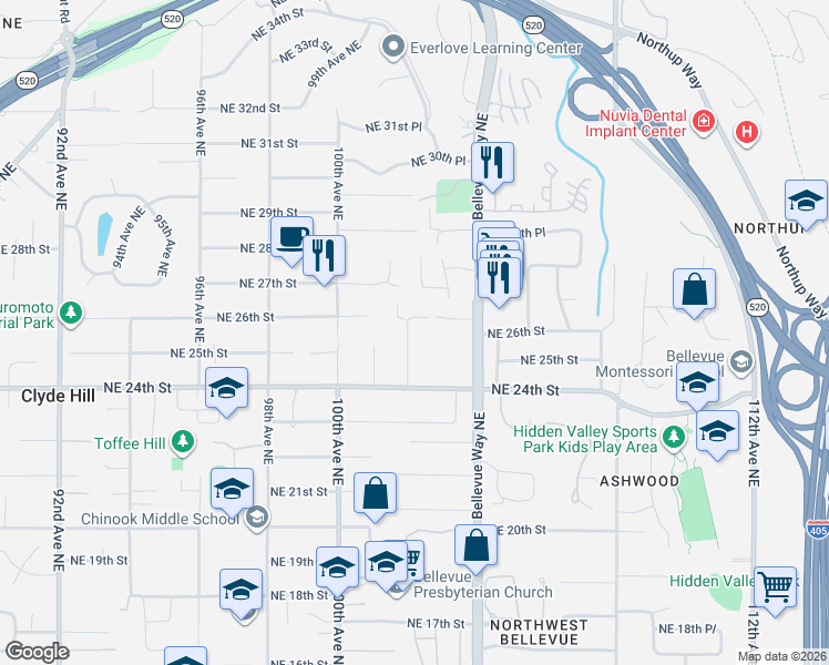 map of restaurants, bars, coffee shops, grocery stores, and more near 10222 Northeast 26th Street in Bellevue