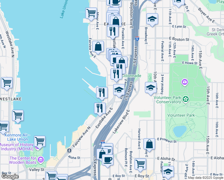 map of restaurants, bars, coffee shops, grocery stores, and more near in Seattle