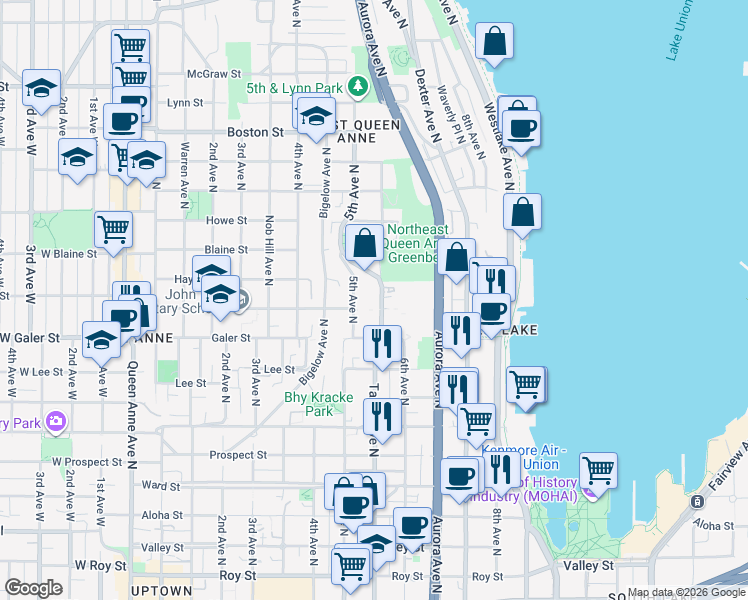 map of restaurants, bars, coffee shops, grocery stores, and more near 1623 Taylor Avenue North in Seattle