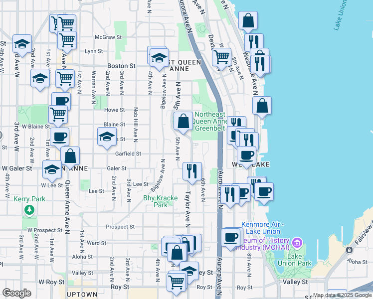 map of restaurants, bars, coffee shops, grocery stores, and more near 1623 Taylor Avenue North in Seattle