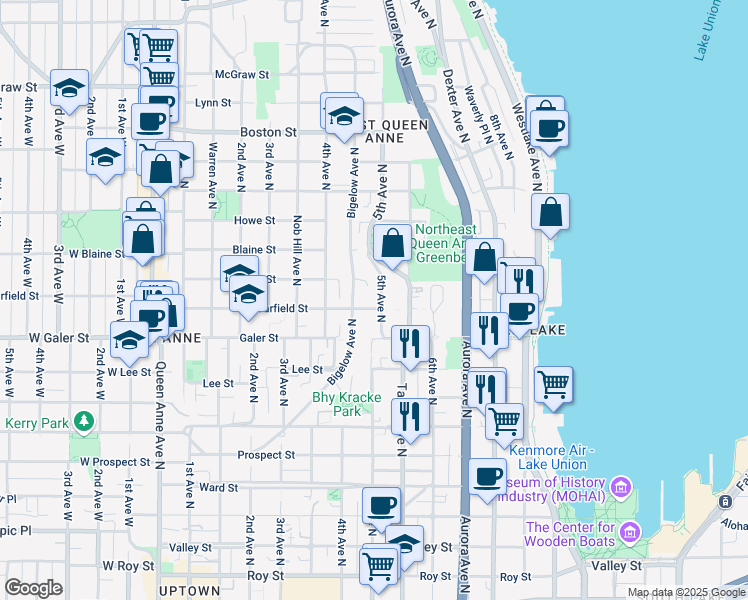 map of restaurants, bars, coffee shops, grocery stores, and more near 1623 5th Avenue North in Seattle