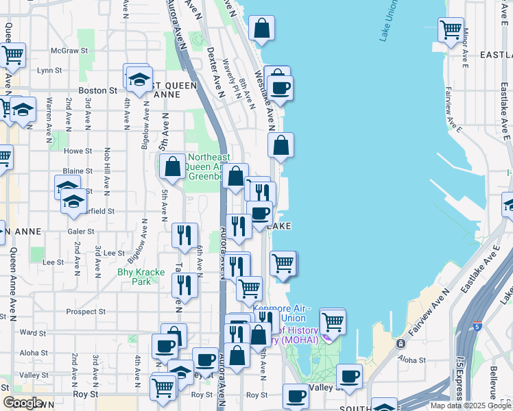 map of restaurants, bars, coffee shops, grocery stores, and more near 1611 8th Avenue North in Seattle