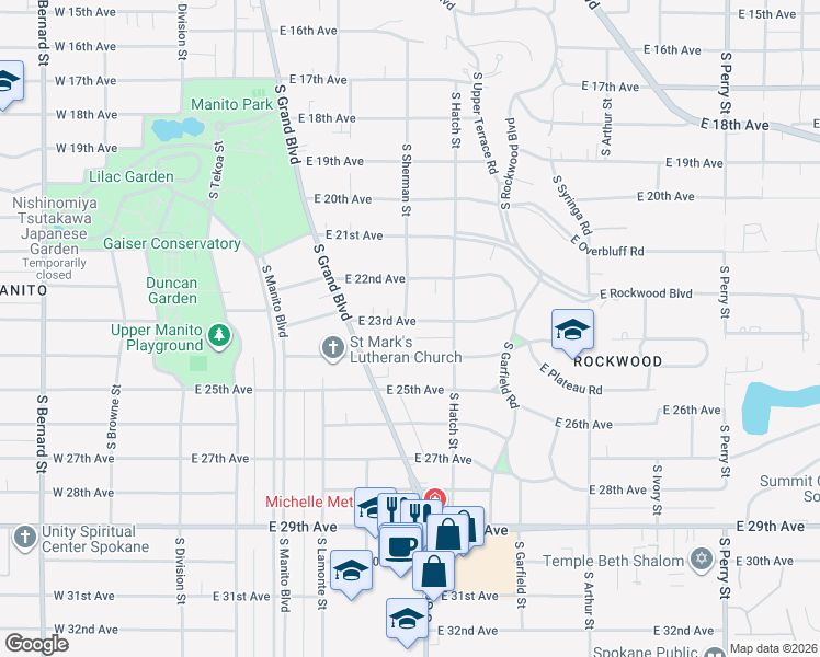 map of restaurants, bars, coffee shops, grocery stores, and more near 602 East 23rd Avenue in Spokane