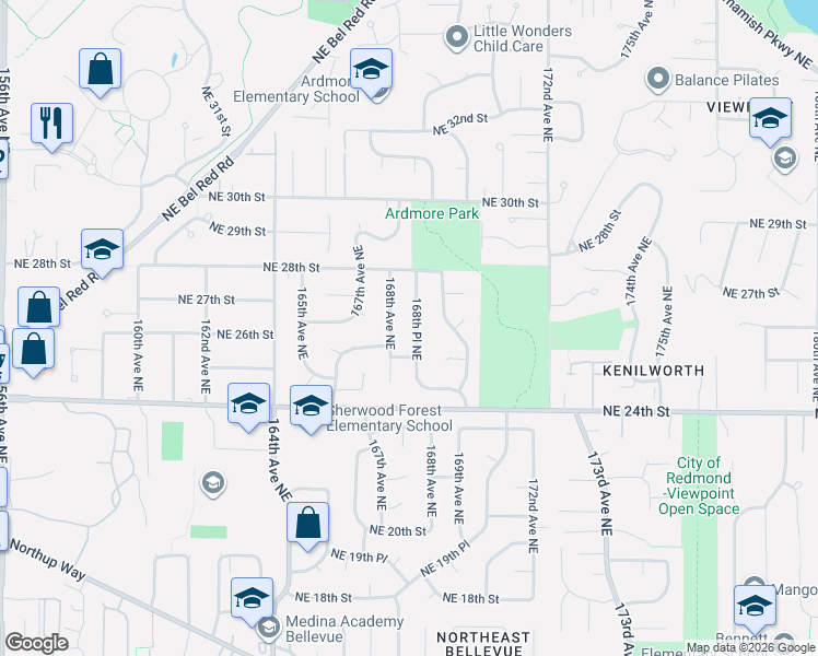 map of restaurants, bars, coffee shops, grocery stores, and more near 2609 168th Place Northeast in Bellevue