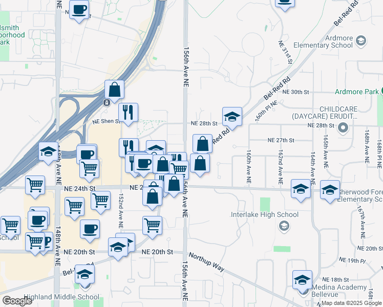 map of restaurants, bars, coffee shops, grocery stores, and more near 2700 156th Avenue Northeast in Bellevue