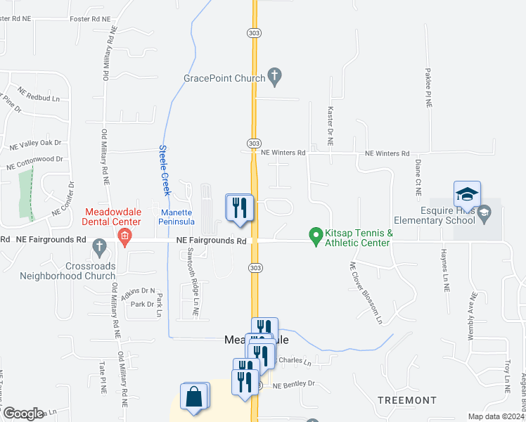 map of restaurants, bars, coffee shops, grocery stores, and more near 2084 Northeast Green Glen Lane in Bremerton