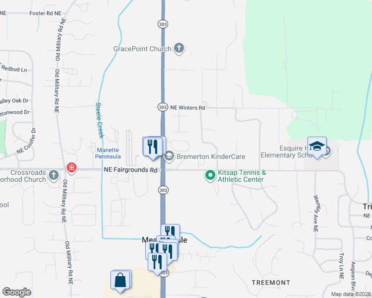 map of restaurants, bars, coffee shops, grocery stores, and more near 2015 Northeast Green Glen Lane in Bremerton
