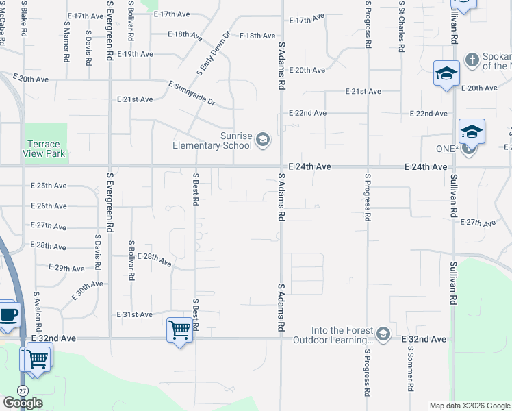 map of restaurants, bars, coffee shops, grocery stores, and more near 2508 South Adams Road in Spokane Valley