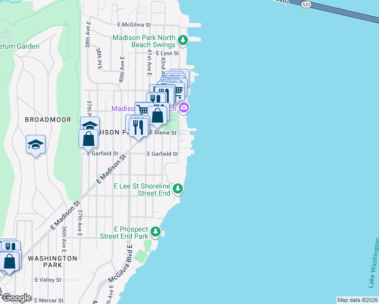 map of restaurants, bars, coffee shops, grocery stores, and more near 1644 43rd Avenue East in Seattle