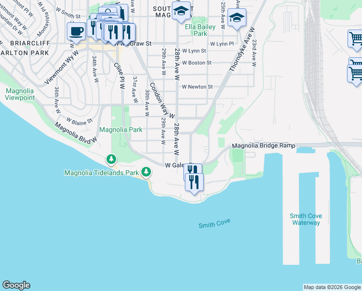 map of restaurants, bars, coffee shops, grocery stores, and more near 1560 28th Avenue West in Seattle