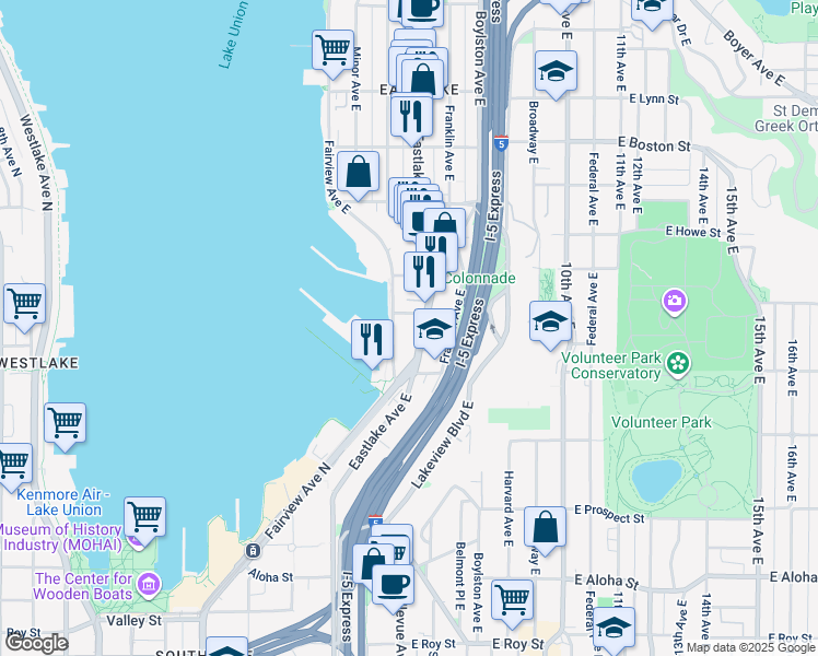 map of restaurants, bars, coffee shops, grocery stores, and more near 1551 Eastlake Avenue East in Seattle