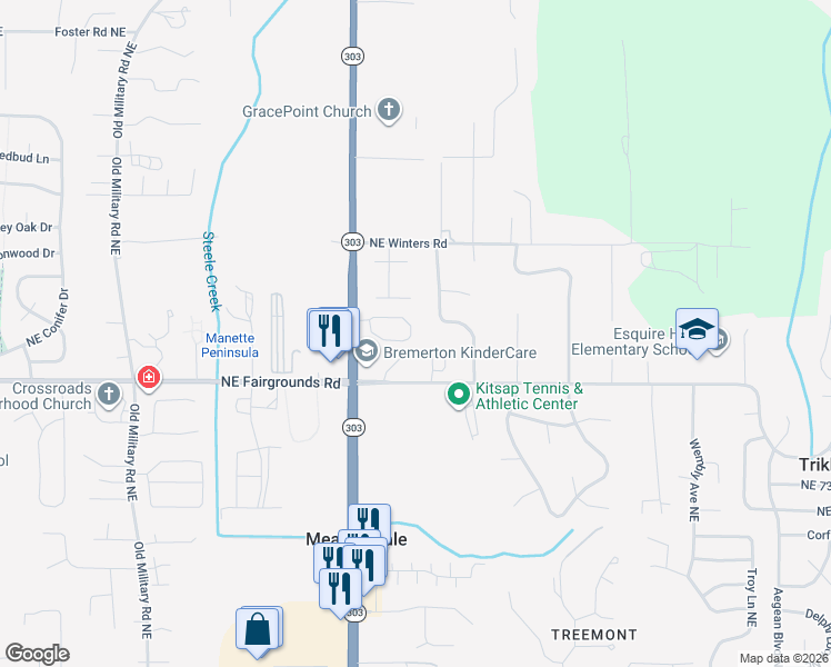 map of restaurants, bars, coffee shops, grocery stores, and more near 2004 Northeast Green Glen Lane in Bremerton