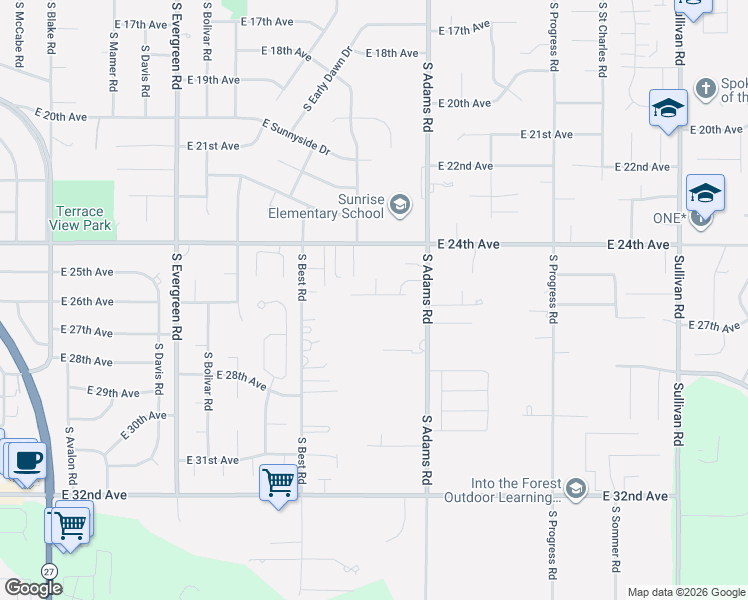 map of restaurants, bars, coffee shops, grocery stores, and more near 14420 East 24th Avenue in Spokane Valley