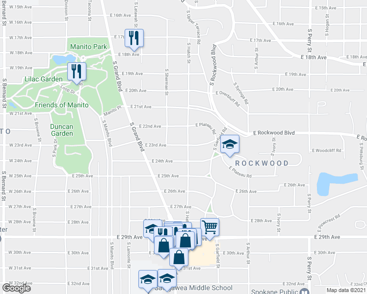 map of restaurants, bars, coffee shops, grocery stores, and more near 705 East 23rd Avenue in Spokane