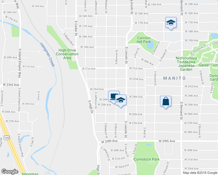 map of restaurants, bars, coffee shops, grocery stores, and more near 2211 South Madison Street in Spokane