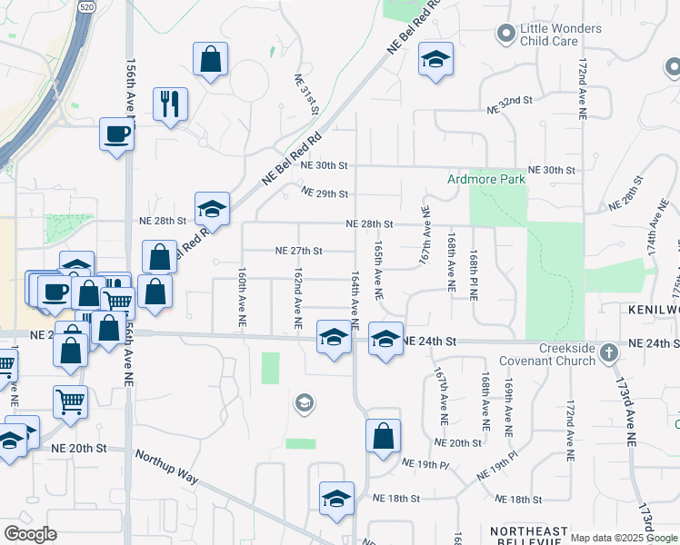 map of restaurants, bars, coffee shops, grocery stores, and more near 16245 Northeast 27th Street in Bellevue