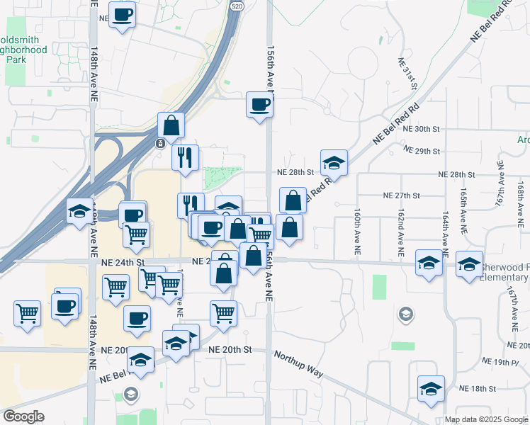 map of restaurants, bars, coffee shops, grocery stores, and more near 2651 156th Avenue Northeast in Redmond