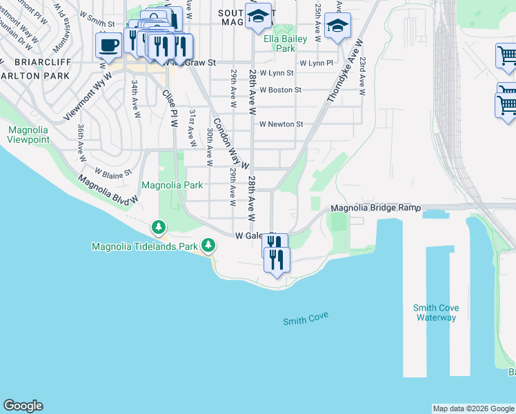map of restaurants, bars, coffee shops, grocery stores, and more near 1604 28th Avenue West in Seattle