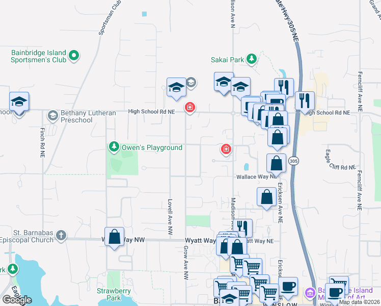 map of restaurants, bars, coffee shops, grocery stores, and more near 1116 Grow Avenue Northwest in Bainbridge Island
