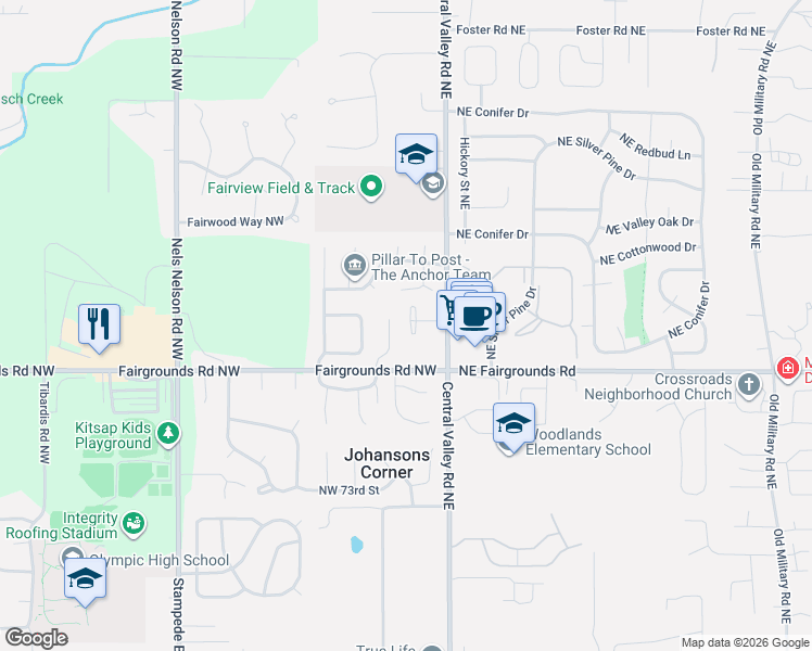 map of restaurants, bars, coffee shops, grocery stores, and more near 100 Northwest Lopez Lane in Bremerton